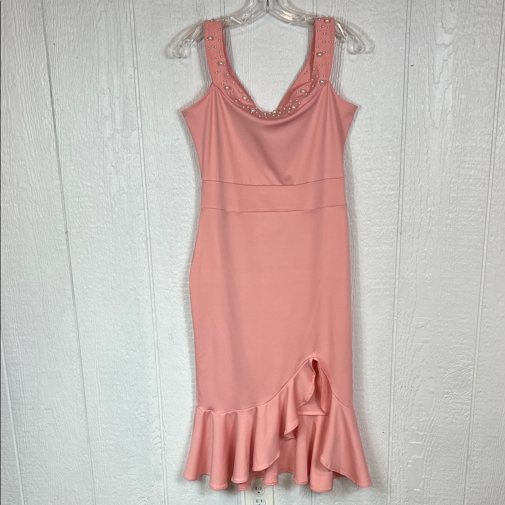 Chicme Pink Asymmetrical Dress with Ruffled Hem